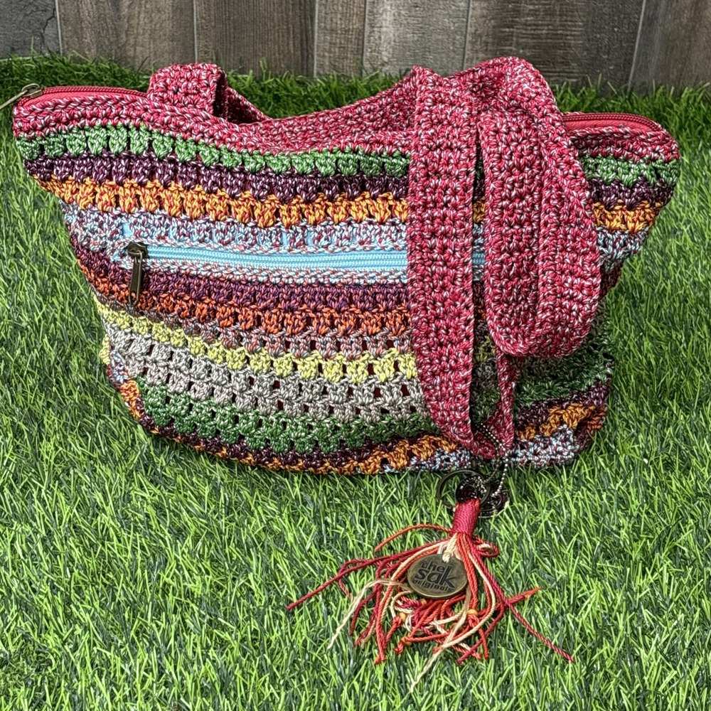 The Sak Multicolor Crochet Shoulder Bag Striped Boho Tote Beach Purse